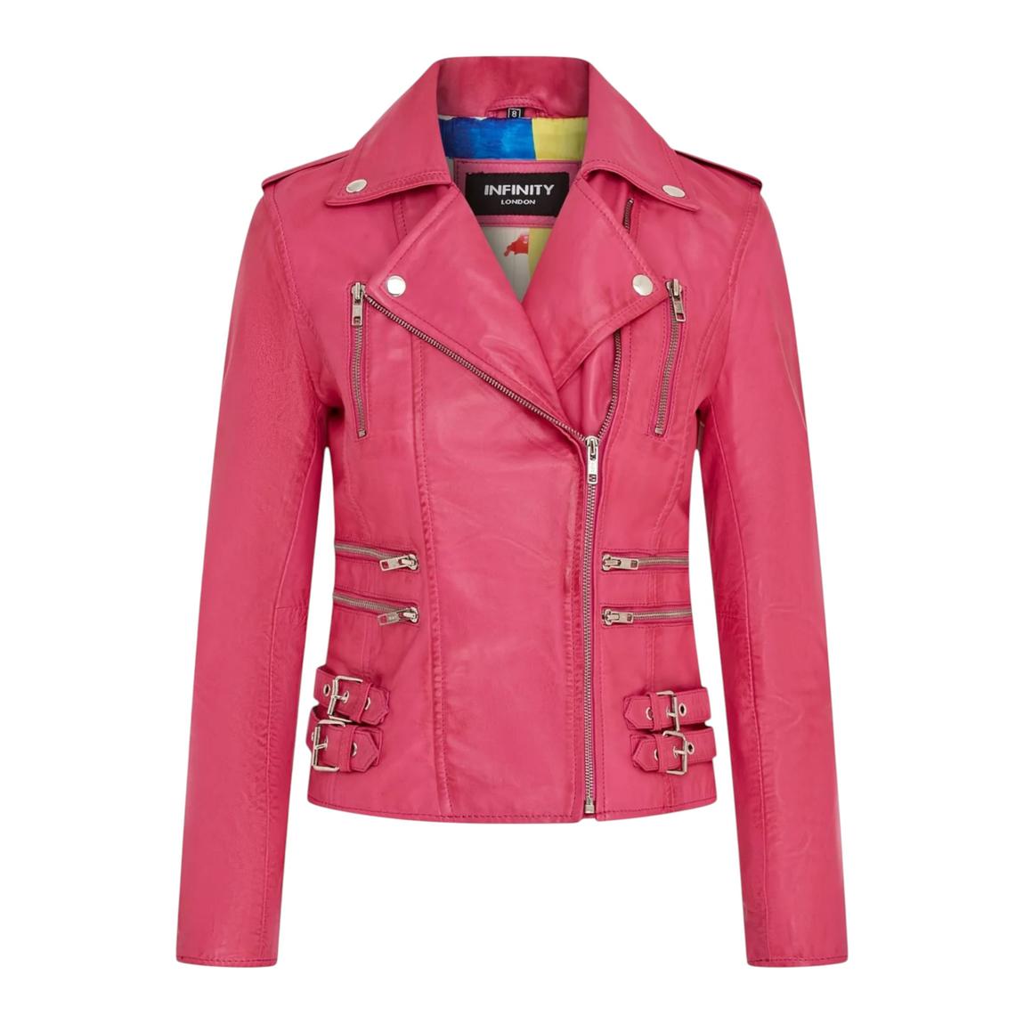 Womens Fuschia Leather Brando Biker Jacket-Orlando main product photo