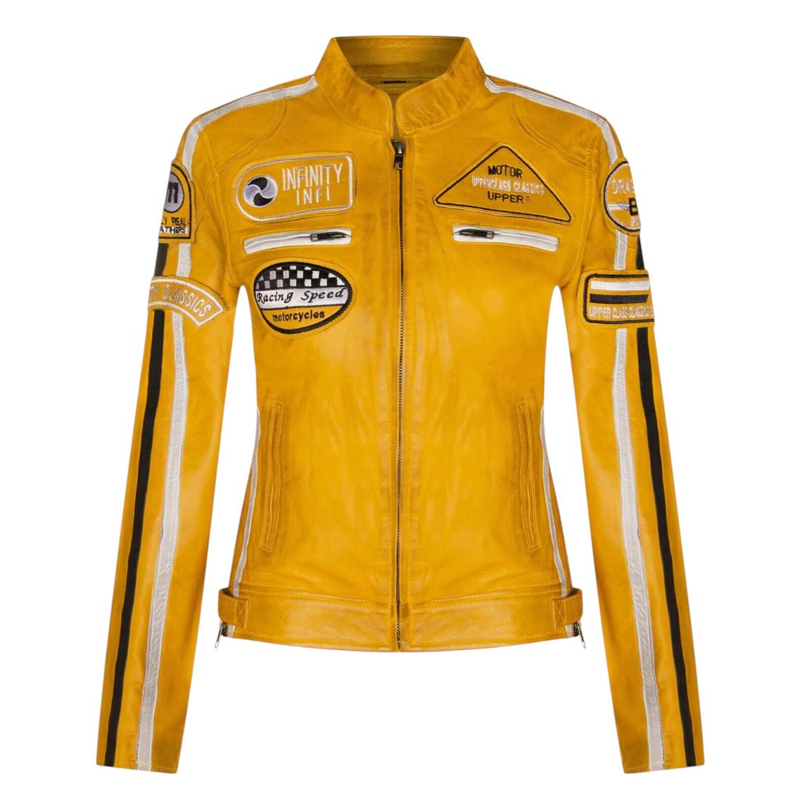 Womens Yellow Biker Racing Badges Leather Jacket-Eastleigh main product photo