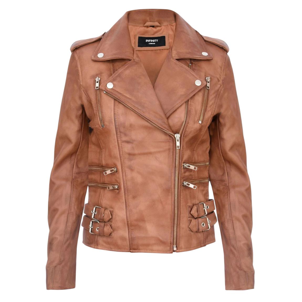 Womens Tan Brown Leather Brando Biker Jacket-Loddon main product photo