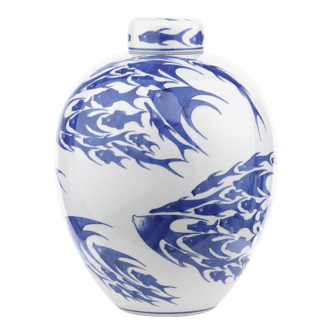Simone Ceramic Blue & White Fish Pattern Jar With Lid main product photo