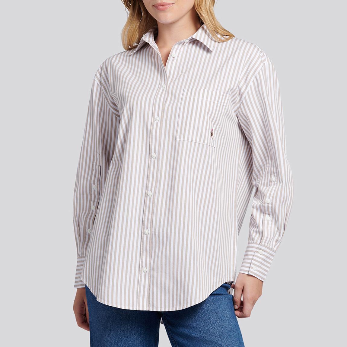 Taupe Stripe Poplin Loose Fit Cotton Shirt main product photo