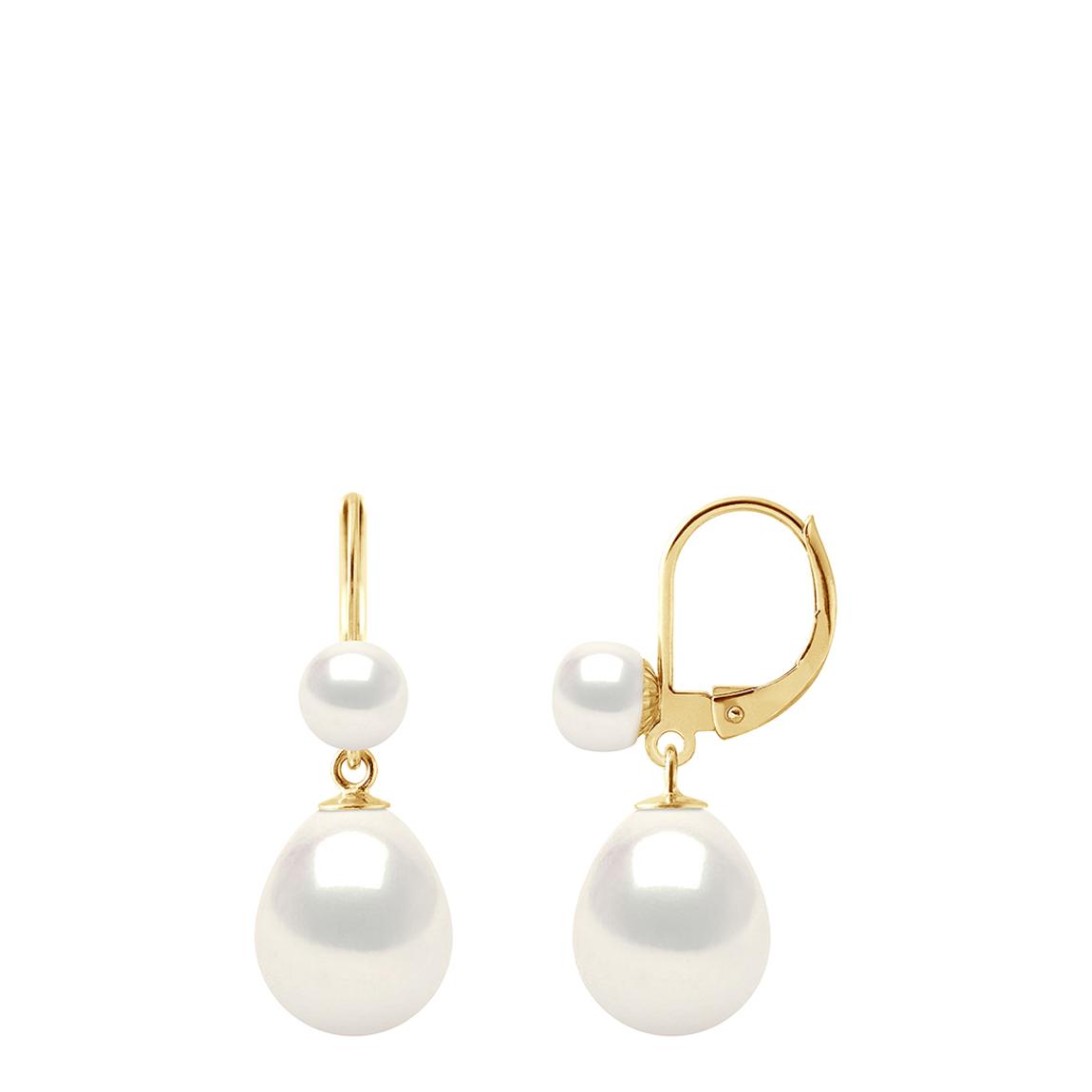 Natural White Pearls Button 5-6 mm + Pear 9-10 mm Double Yellow Gold Earrings main product photo