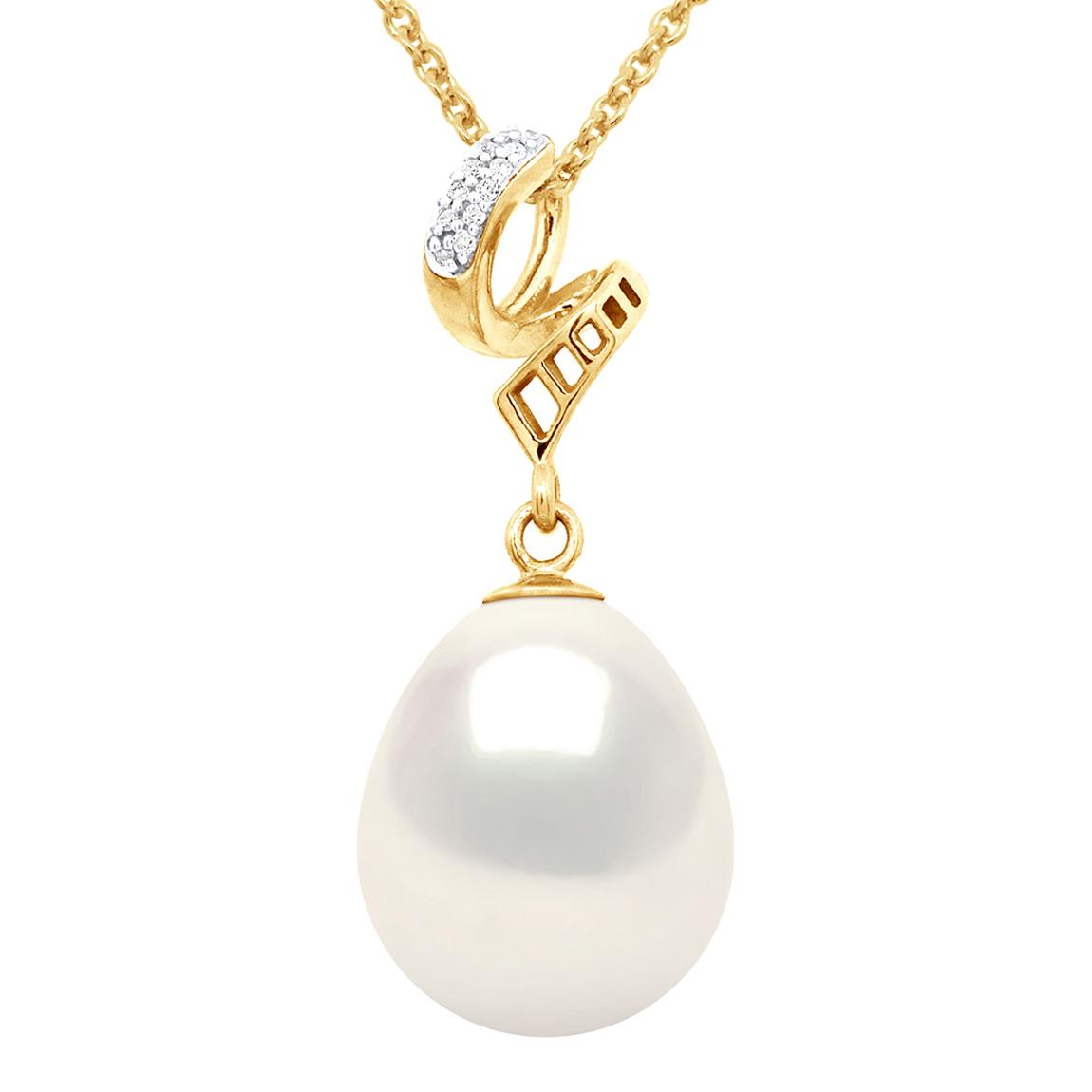 Natural White Pearl Pear 11-12 mm Yellow Gold Swirls Pendant Diamonds Necklace main product photo