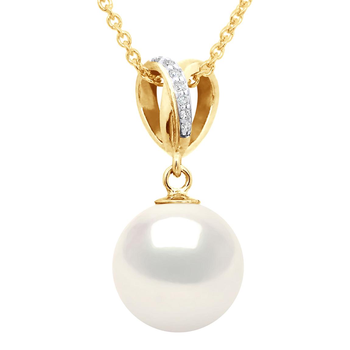Natural White Round Pearl 10-11 mm Double Knot Diamond Yellow Gold Pendant Necklace main product photo
