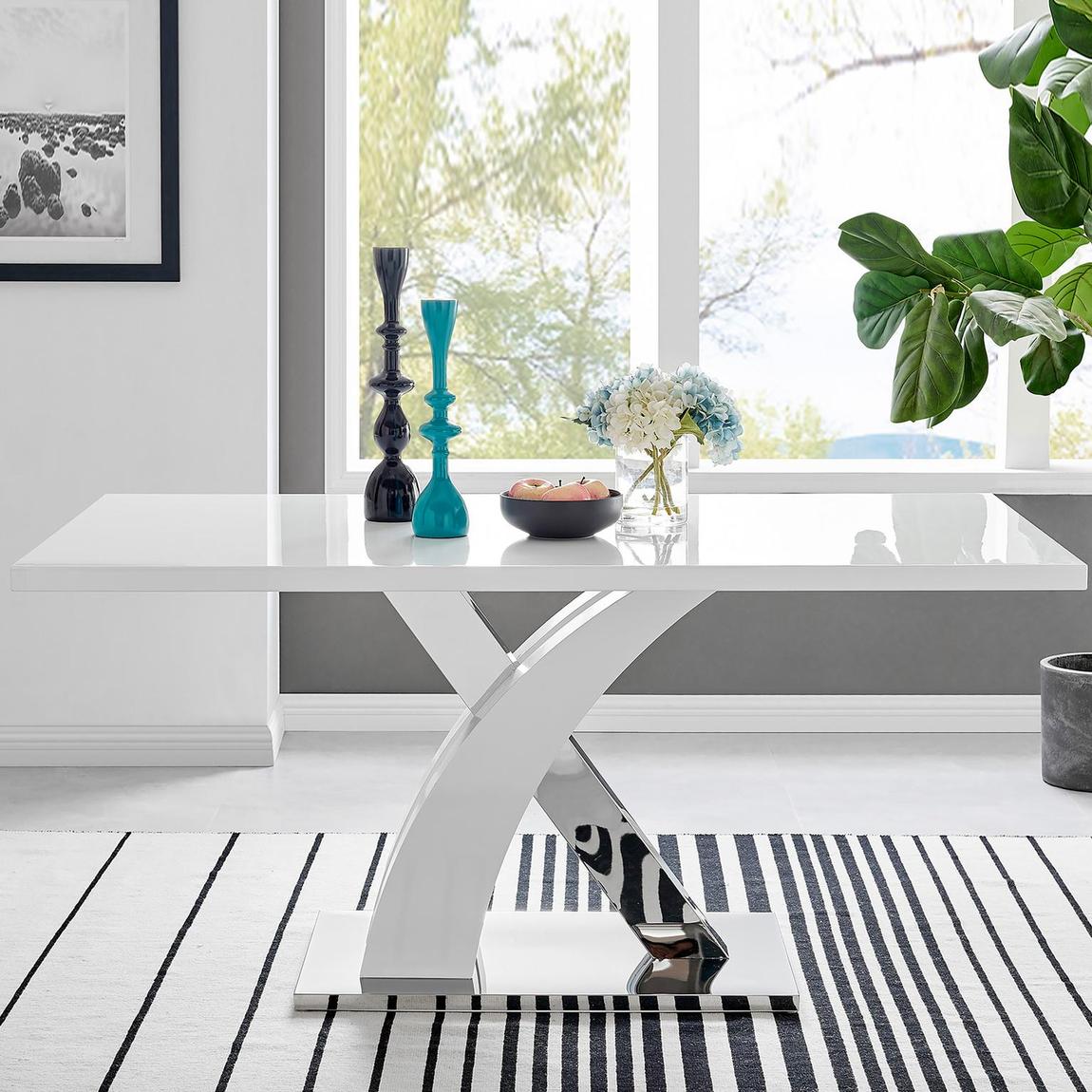 Furniturebox Atlanta Rectangular White High Gloss and Silver Metal 6 Seater Dining Table main product photo