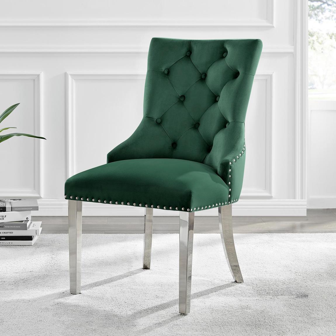 Furniturebox 2x Belgravia Green Velvet Knockerback Dining Chairs Silver Legs main product photo
