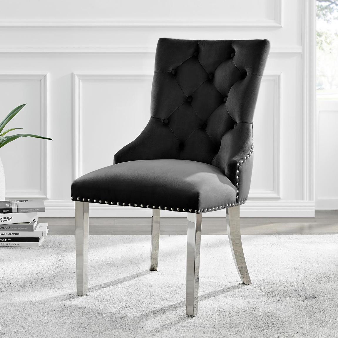 Furniturebox 2x Belgravia Black Velvet Knockerback Dining Chairs Silver Legs main product photo
