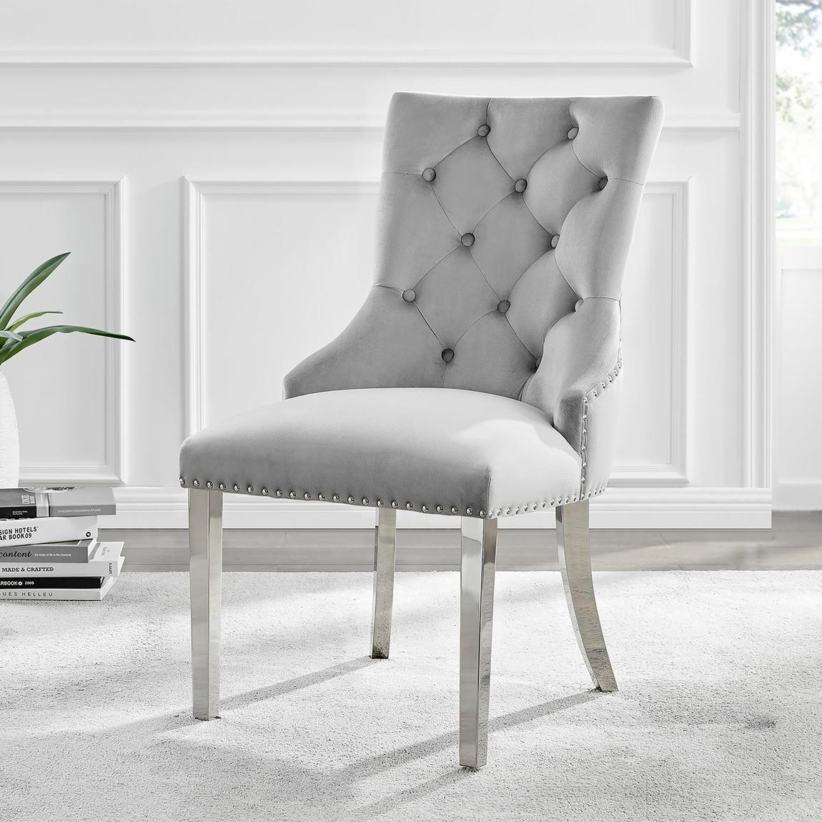 Furniturebox 2x Belgravia Grey Velvet Scoop Knockerback Dining Chairs Silver Legs main product photo