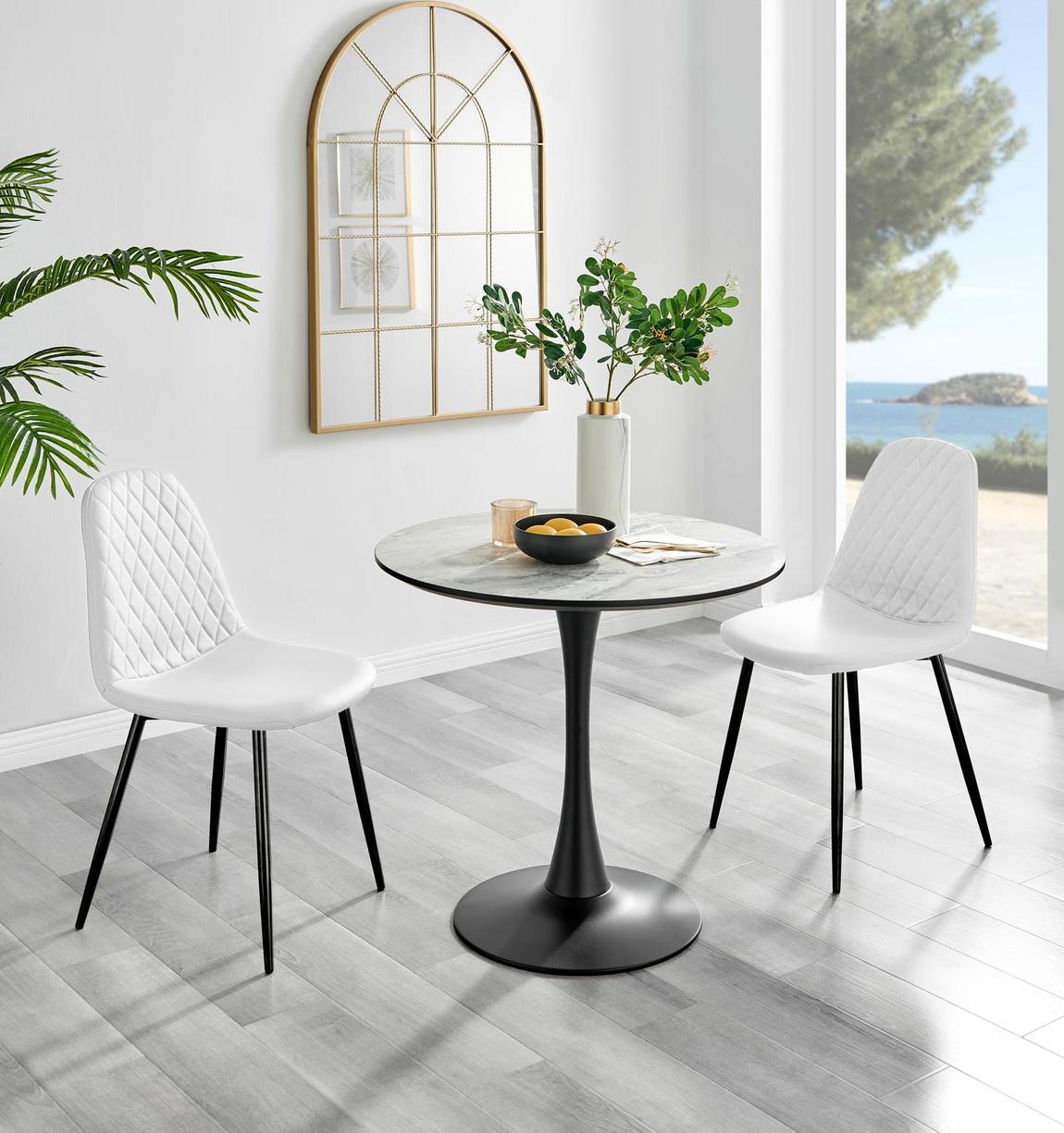 Furniturebox Elina White Marble Effect Round Dining Table & 2 White Corona Black Leg Chairs main product photo