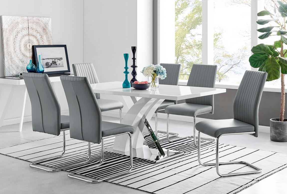 Furniturebox Atlanta Modern Rectangle Chrome Metal High Gloss White Dining Table And 6 Elephant Grey Lorenzo Chairs Set main product photo