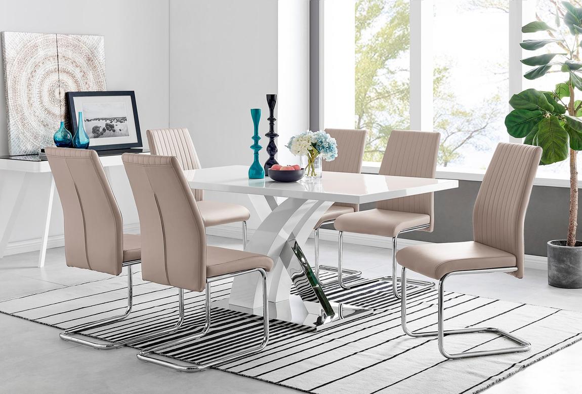 Furniturebox Atlanta Modern Rectangle Chrome Metal White High Gloss Dining Table and 6 Cappuccino Beige Lorenzo Chairs Set main product photo