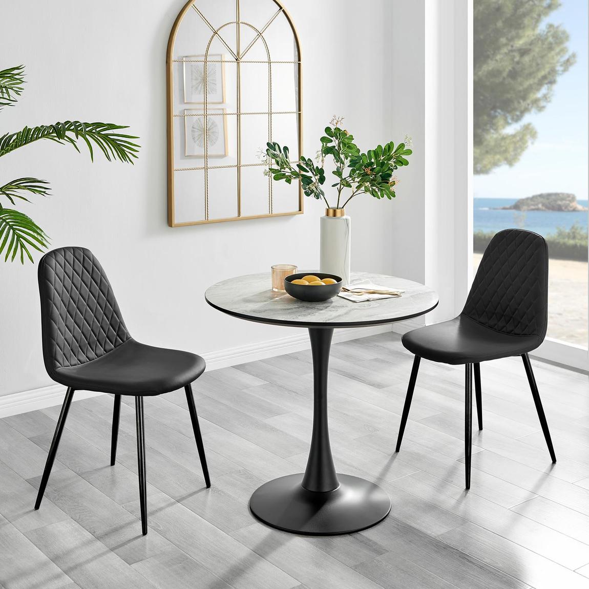 Furniturebox Elina White Marble Effect Round Dining Table & 2 Black Corona Black Leg Chairs main product photo