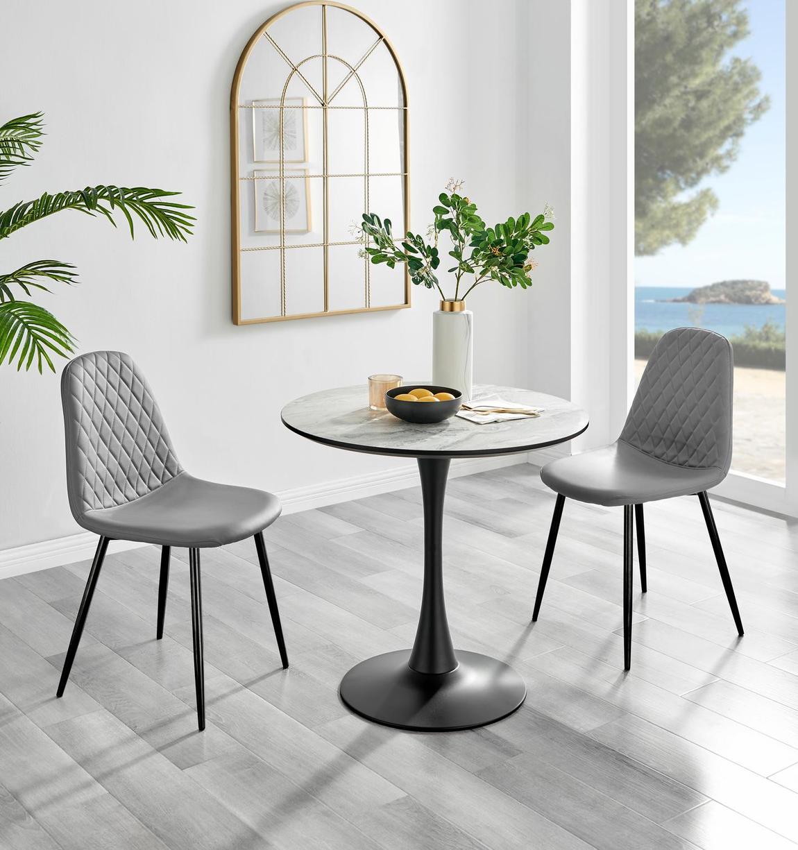 Furniturebox Elina White Marble Effect Round Dining Table & 2 Grey Corona Black Leg Chairs main product photo