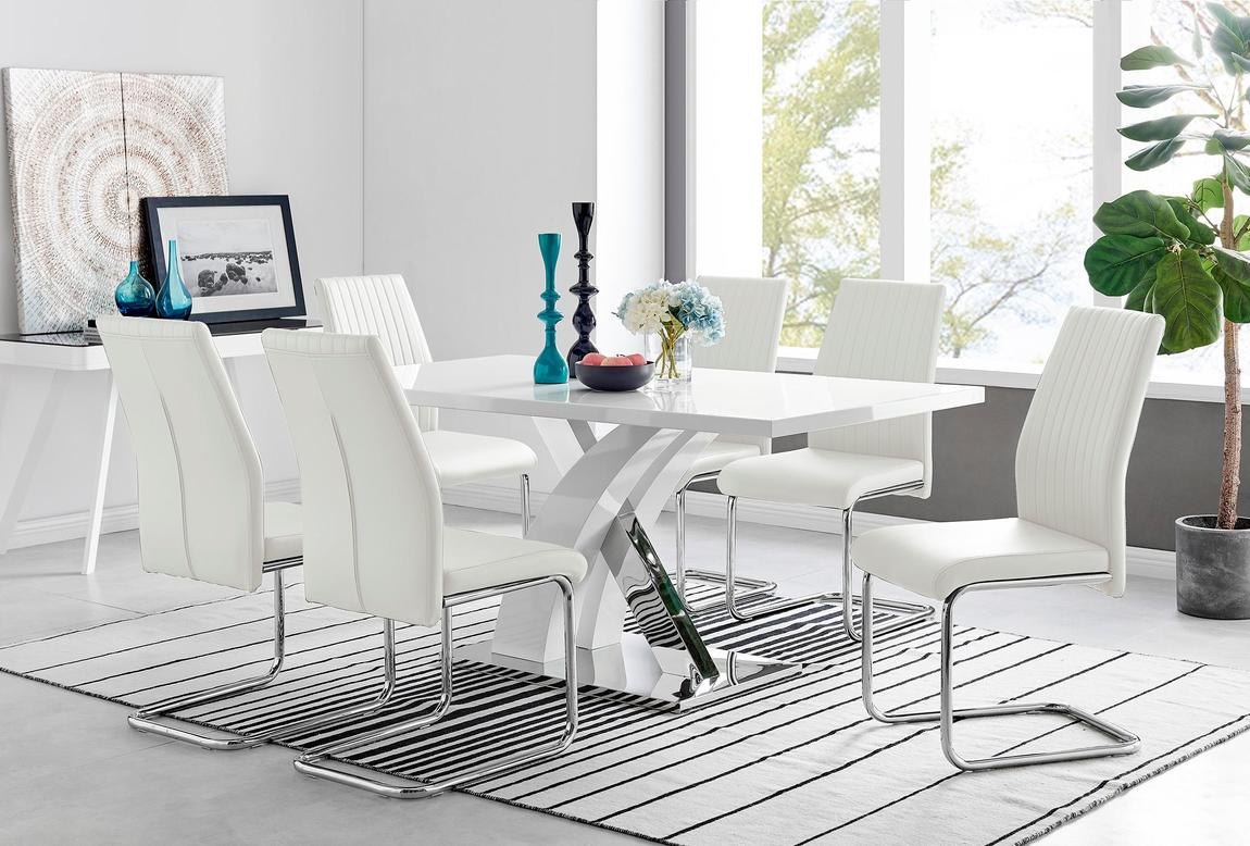 Furniturebox Atlanta Modern Rectangle Chrome Metal High Gloss White Dining Table And 6 Mustard Lorenzo Chairs Set main product photo
