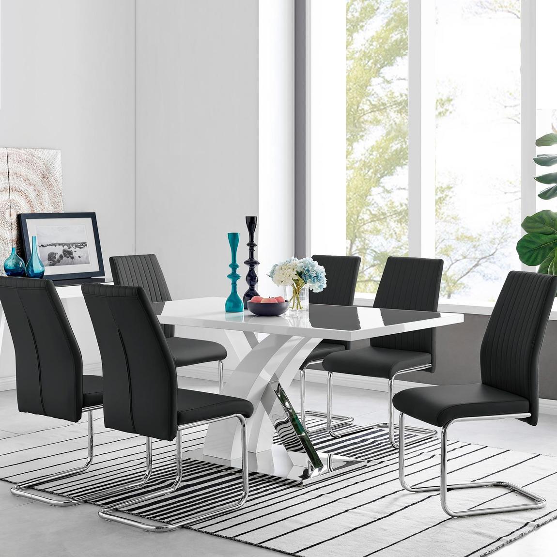 Furniturebox Atlanta Modern Rectangle Chrome Metal High Gloss White Dining Table And 6 Black Lorenzo Chairs Set main product photo