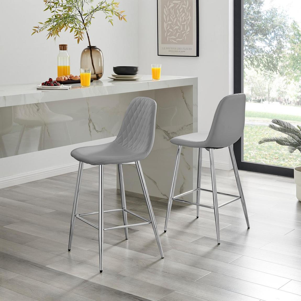 Furniturebox 2x Corona Grey Faux Leather Bar Chairs Silver Legs main product photo
