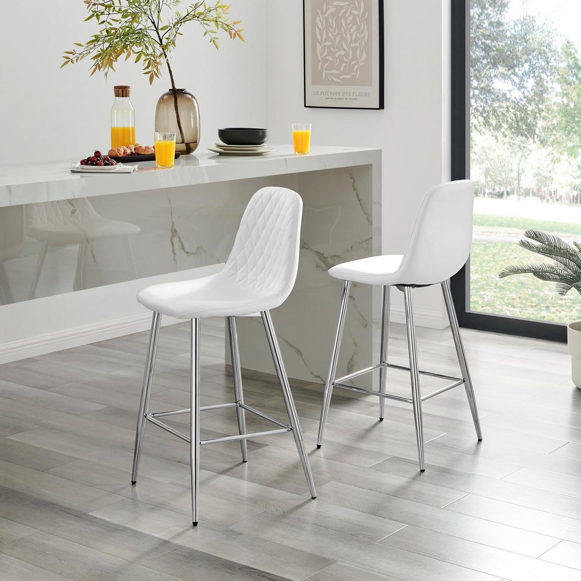 Furniturebox 2x Corona White Faux Leather Bar Chairs Silver Legs main product photo