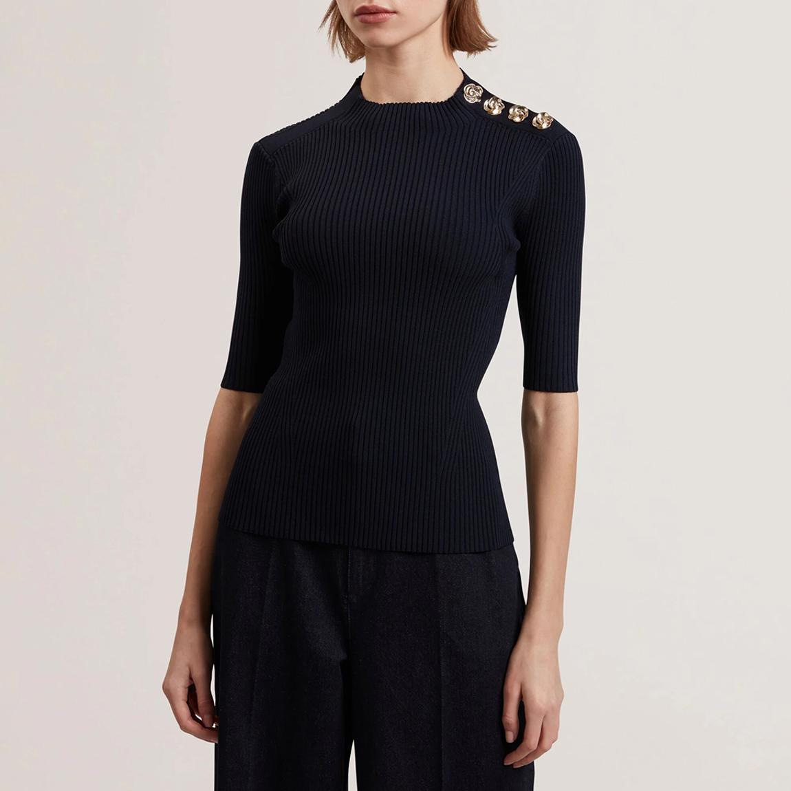 Navy Eeliia Rose Button Detail Rib Knit Top main product photo
