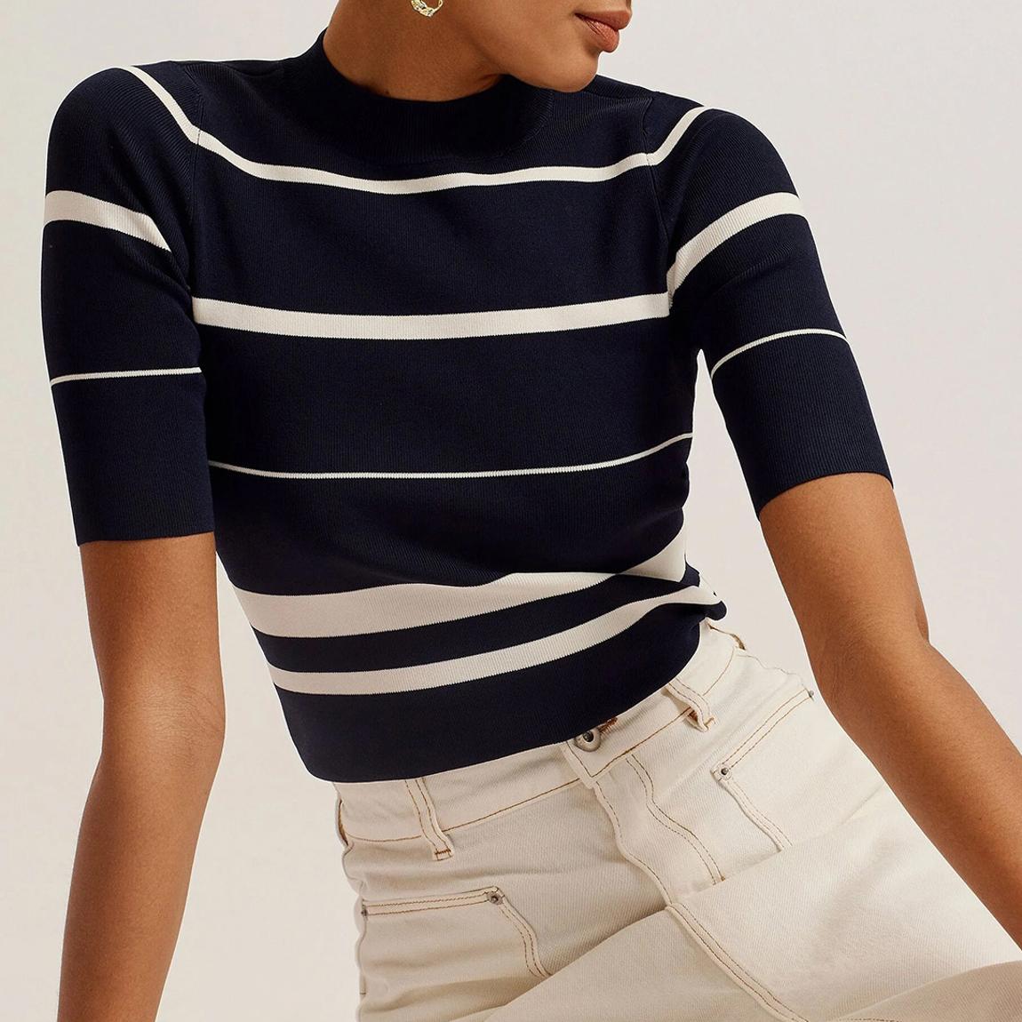 Navy/White Stripe Makarin Fitted Knit Top main product photo