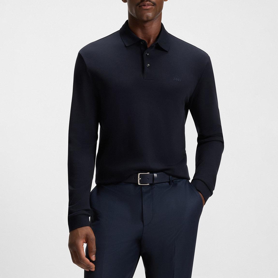 Navy Long Sleeve Cotton Polo Shirt main product photo