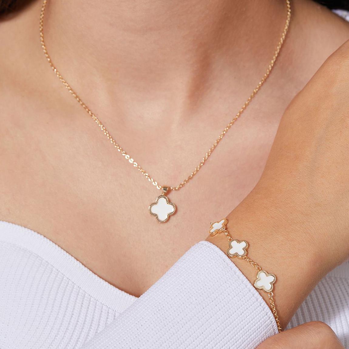 Gold & White Clover Pendent Necklace & Bracelet main product photo