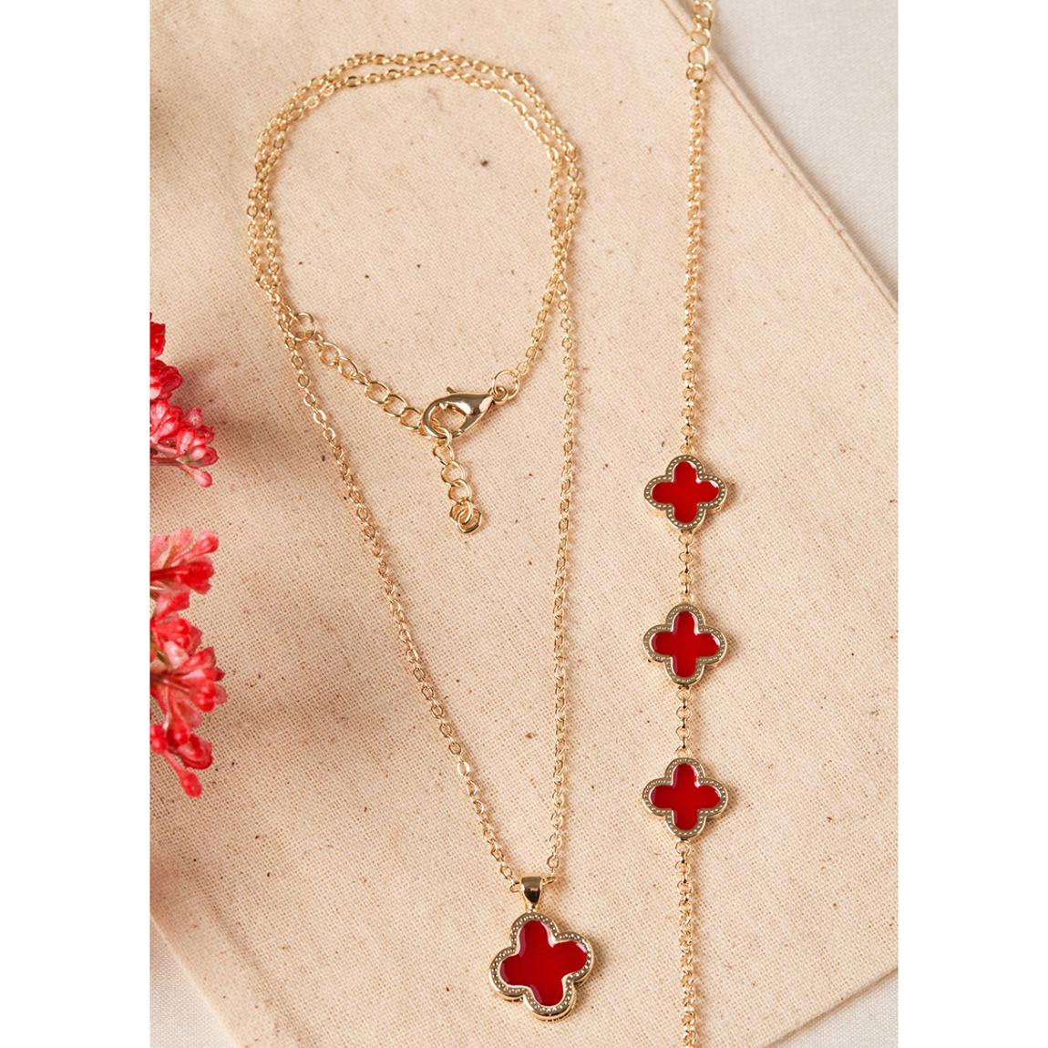 Gold & Red Clover Pendent Necklace & Bracelet main product photo