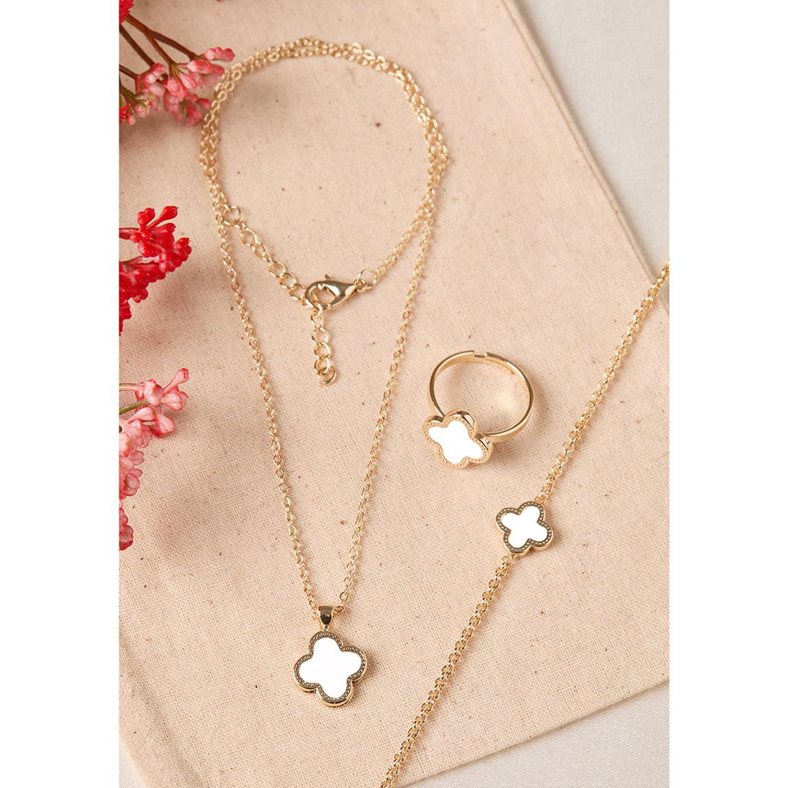 Gold & White Clover Pendent Necklace, Bracelet & Ring Set main product photo