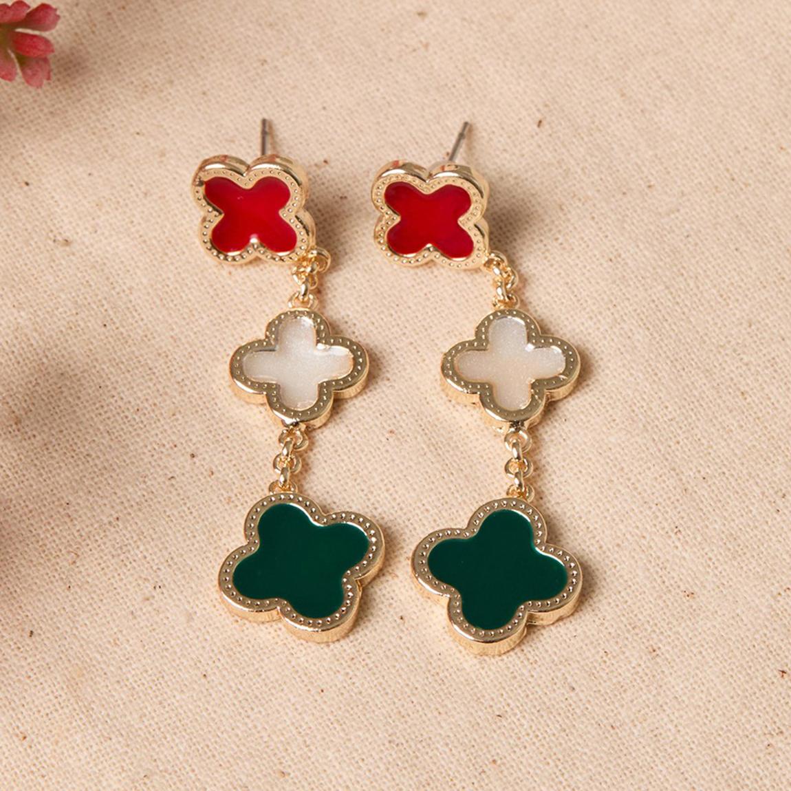 Gold, Red, Green & White Clover Dangle Earrings main product photo