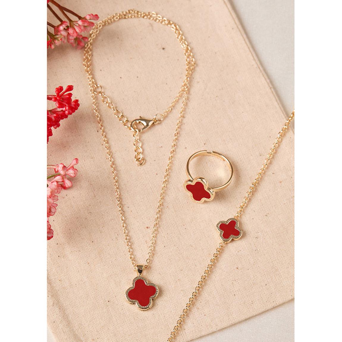 Gold & Red Clover Pendent Necklace, Bracelet & Ring Set main product photo