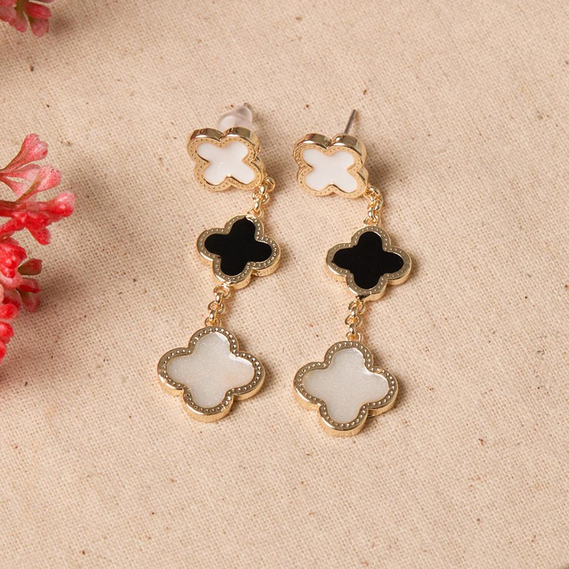 Gold, Grey, Black & White Clover Dangle Earrings main product photo