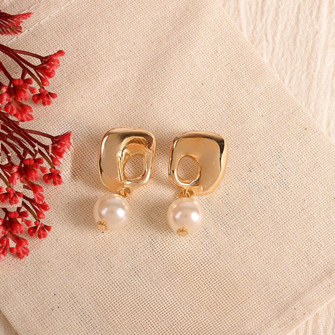 Gold & Pearl Dangle, Abstract Circular Earrings main product photo