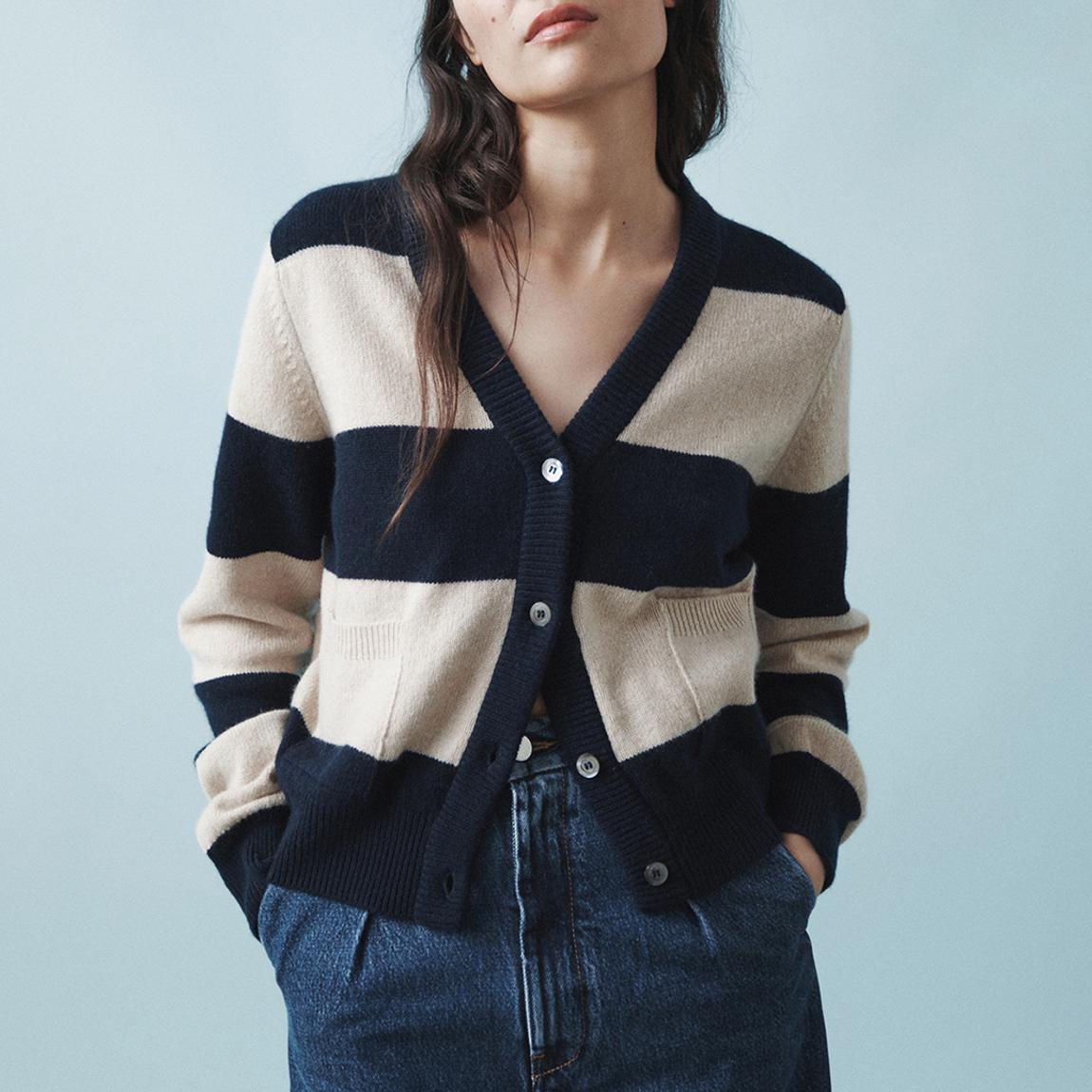 Navy/ Beige Striped Wool Cardigan main product photo