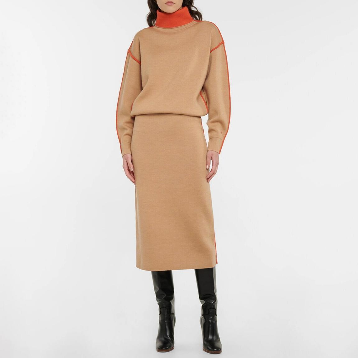 Camel Contrast Trim Wool Dress  main product photo