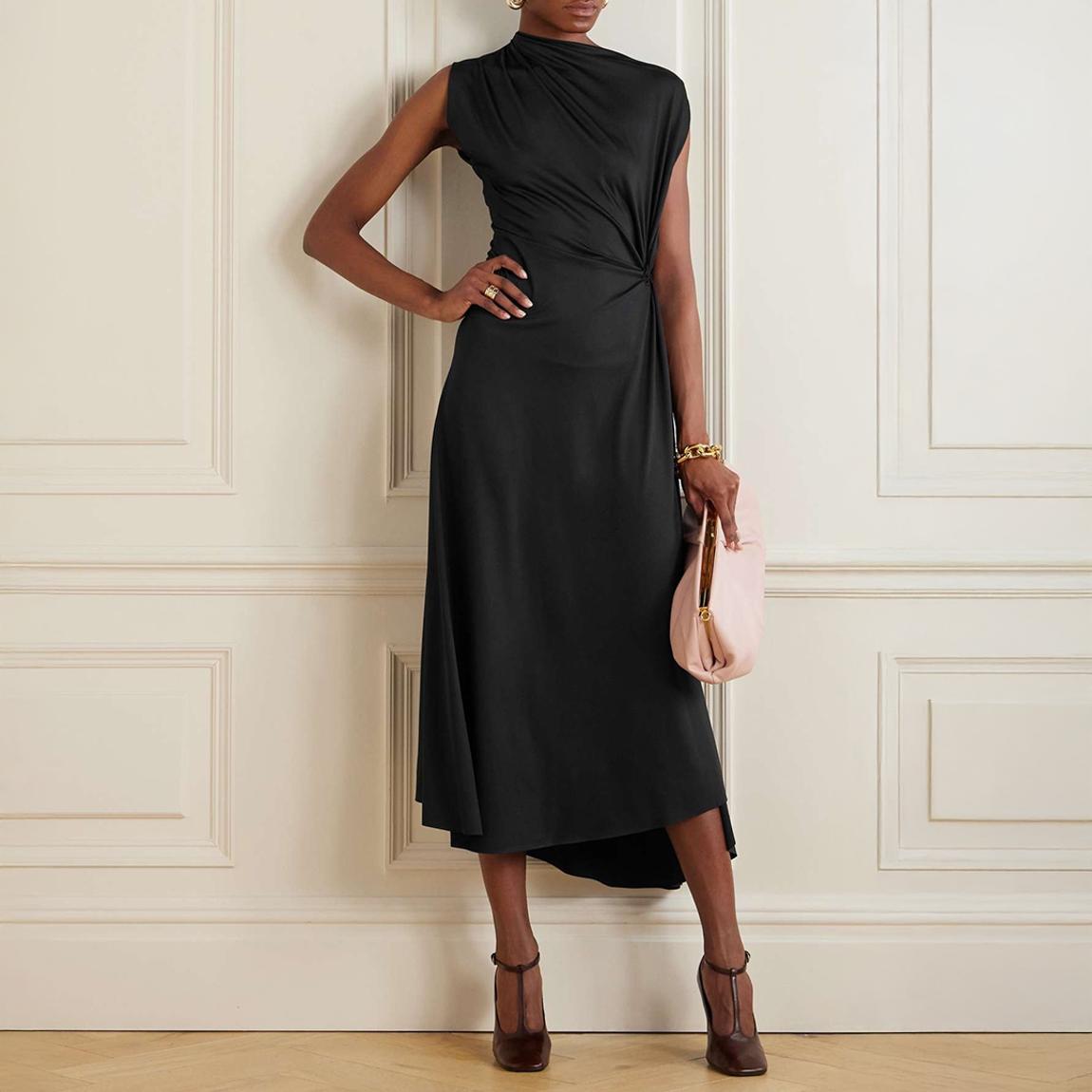 Black Asymmetric Drape Midi Dress main product photo