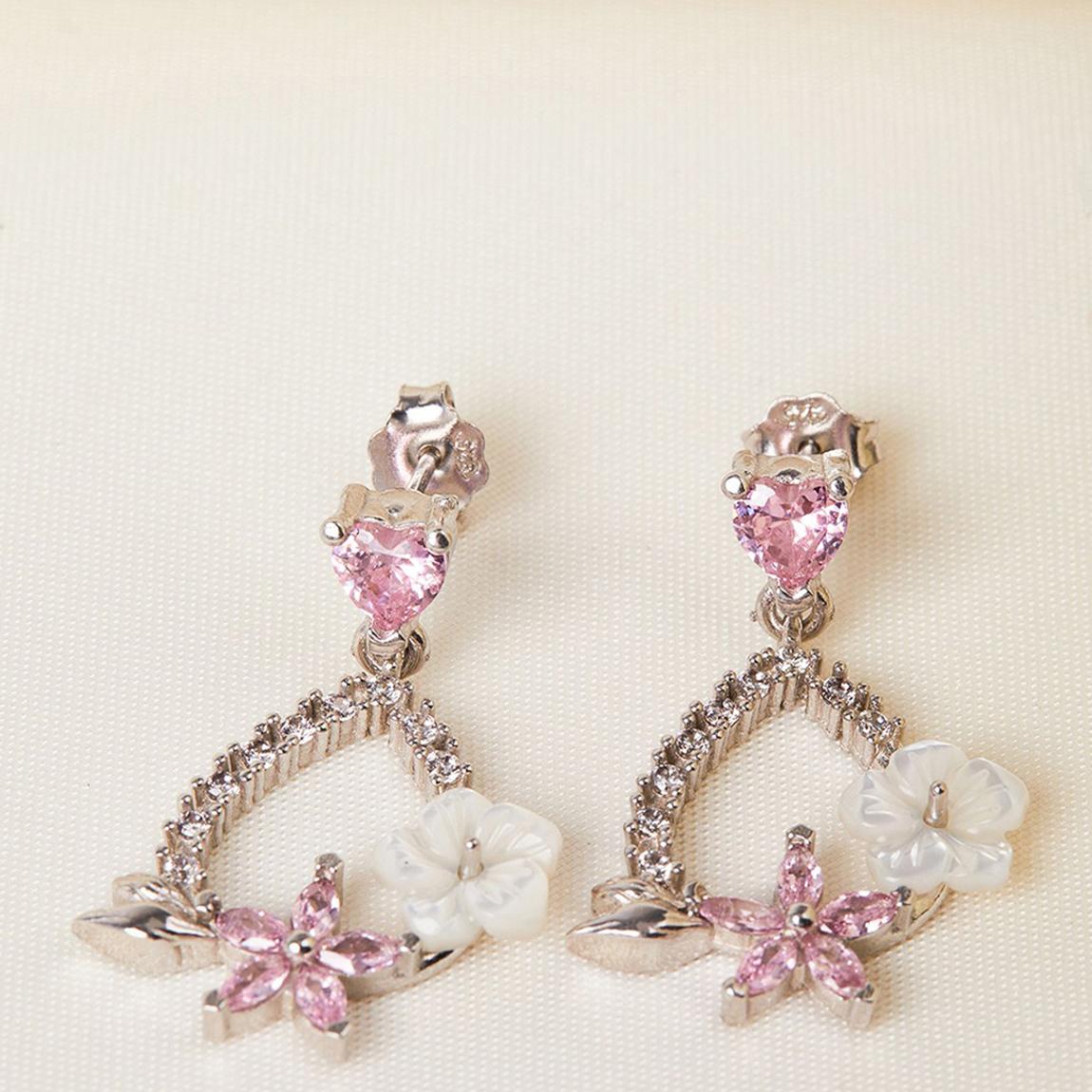 Pink & Silver Diamante, Flower & Heart Dangle Teardrop Earrings main product photo