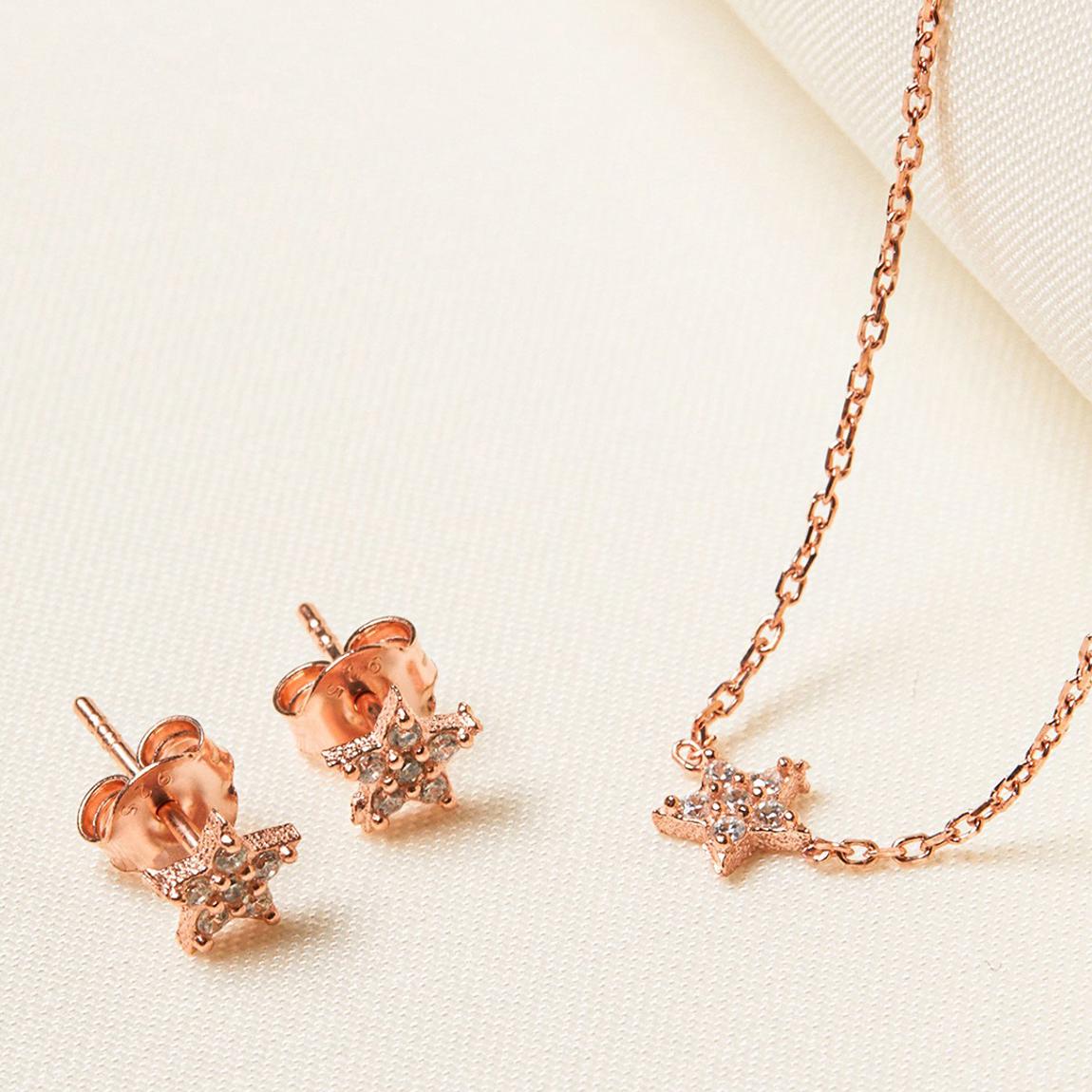 Rose Gold & Diamante Star Earrings & Necklace Set main product photo