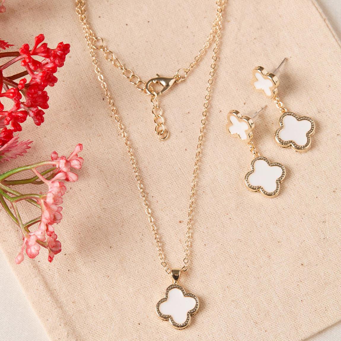 White & Gold Clover Necklace & Earrings Set main product photo