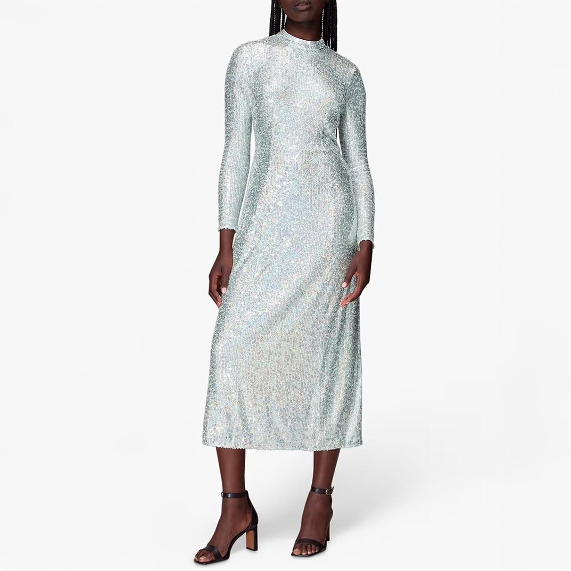 whistles sequin dress Black/Multi Stripe Sequin Midi Dress | WHISTLES