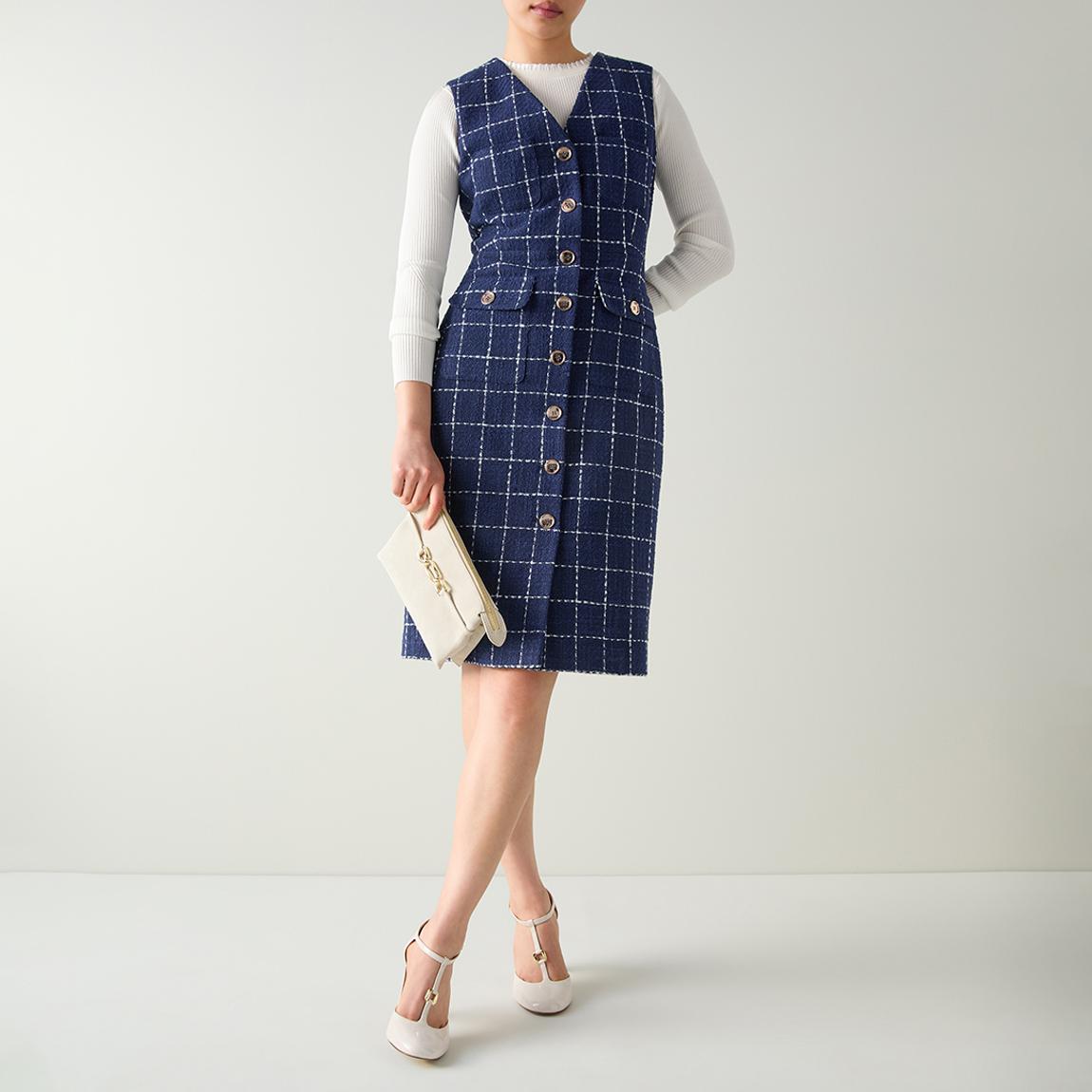 L K Bennett Navy/ Cream Check Vita Tweed Pocket Detail dress