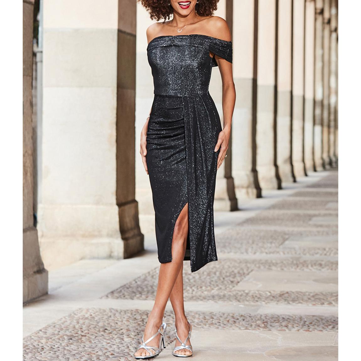 midi knit dress Modern Fit Jewel Neck Striped Flare Soft Knit Dress main image 1