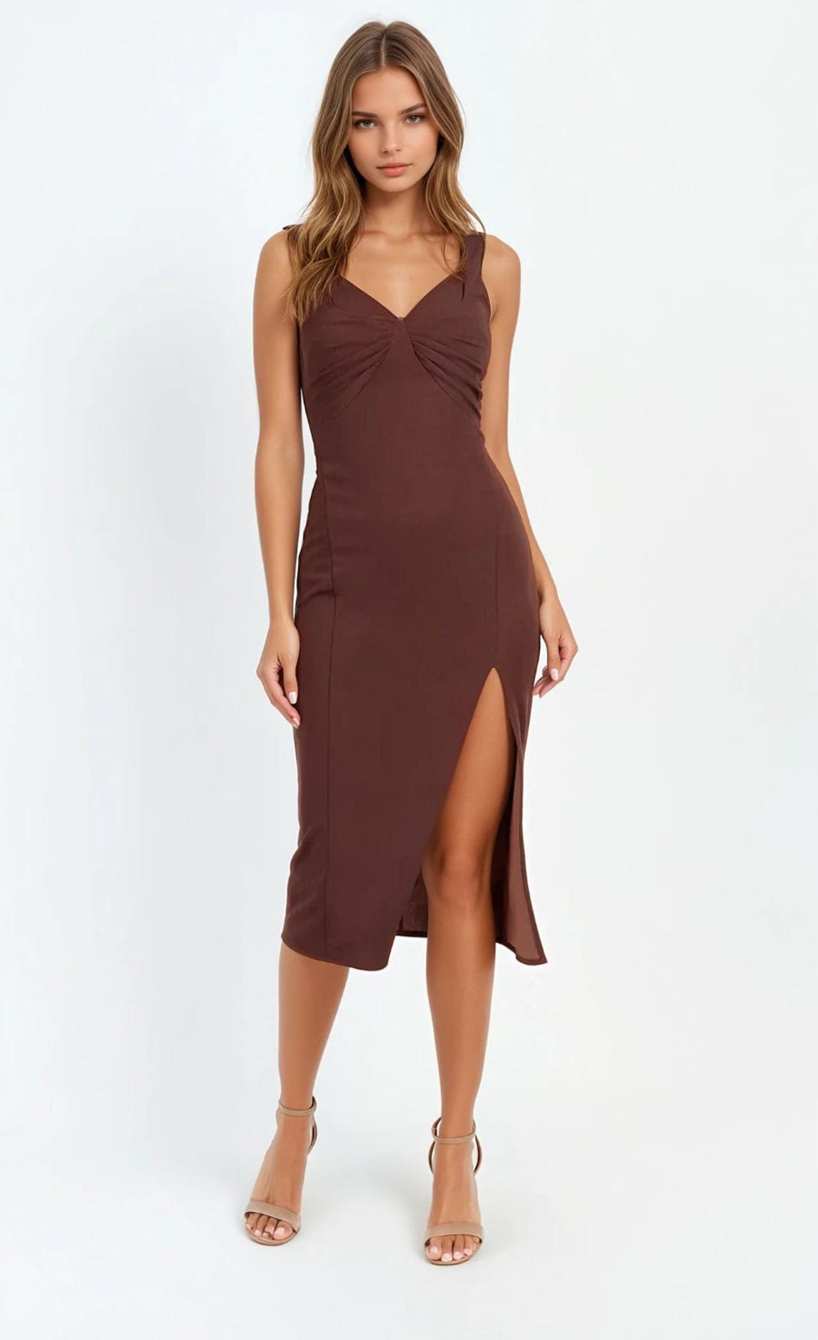 Chocolate Brown Knot Front Midi Dress