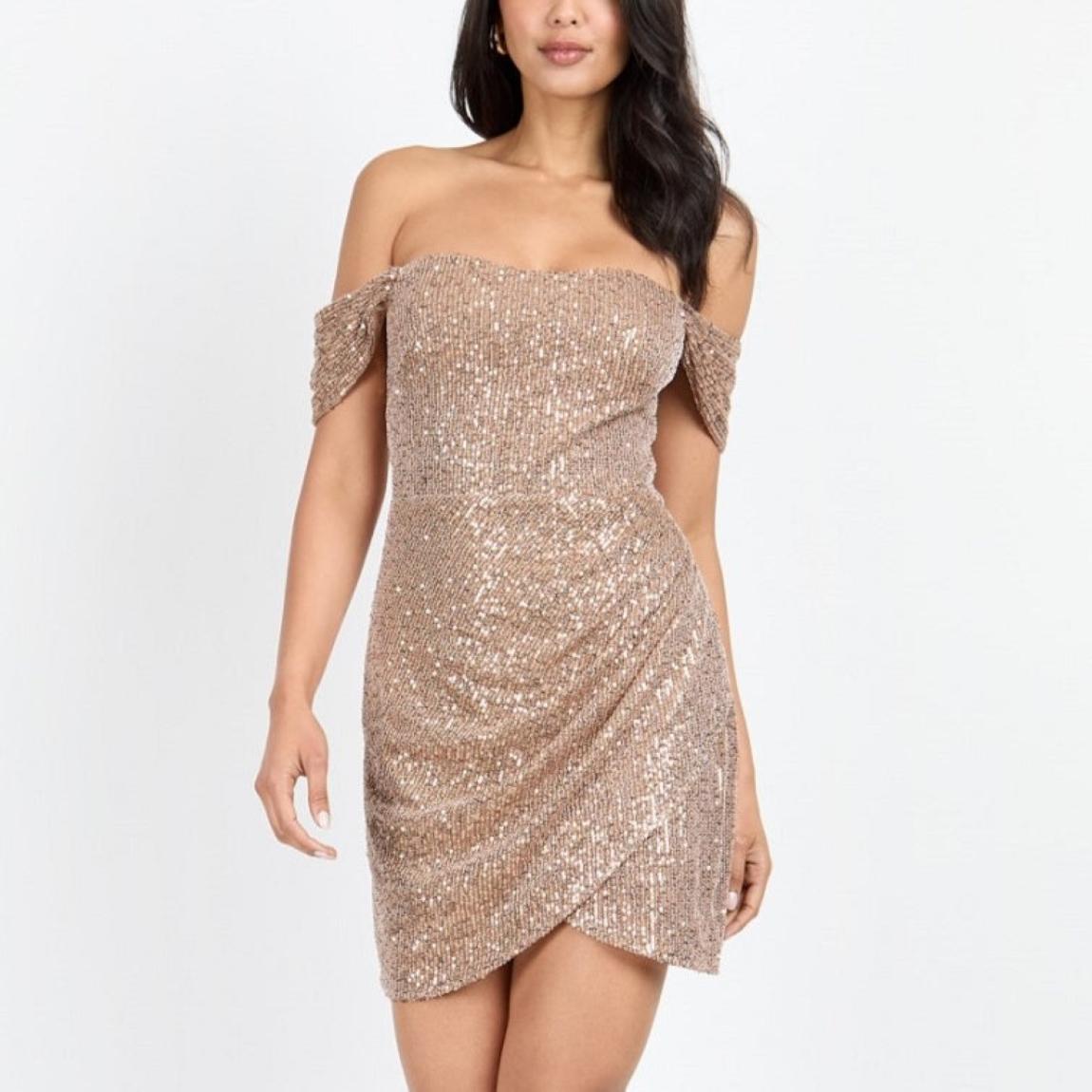 Little Mistress Gold Sequin Draped Bardot Mini Dress - BrandAlley Little Mistress Gold Sequin Draped Bardot Mini Dress - BrandAlley