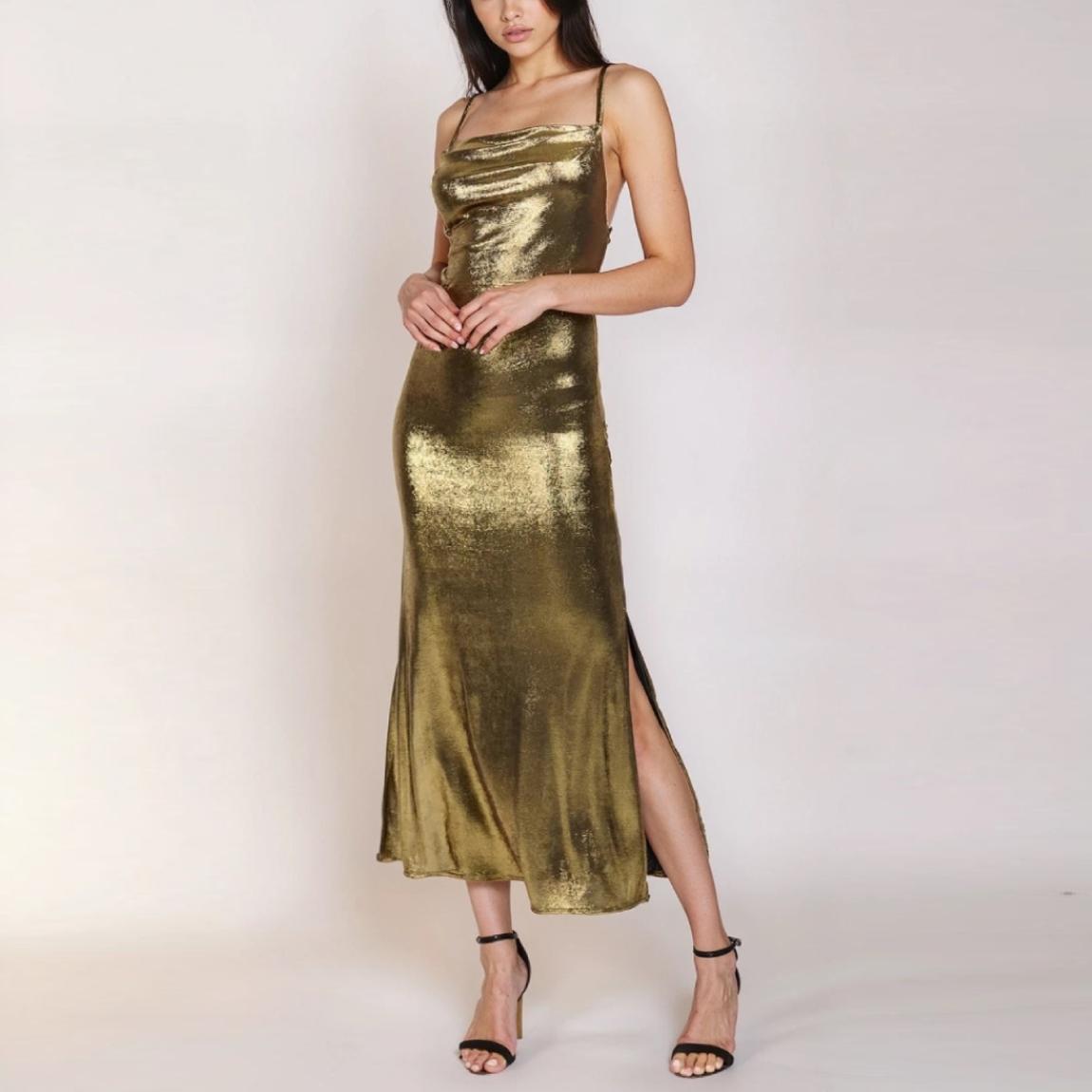 Gold Satin Cowl Neck Midi Dress