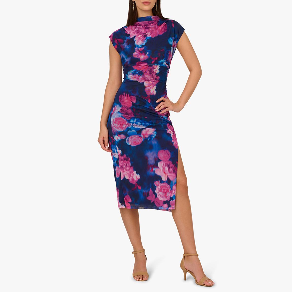 Adrianna Papell Navy/ Pink Floral Print Mesh Draped Dress - BrandAlley