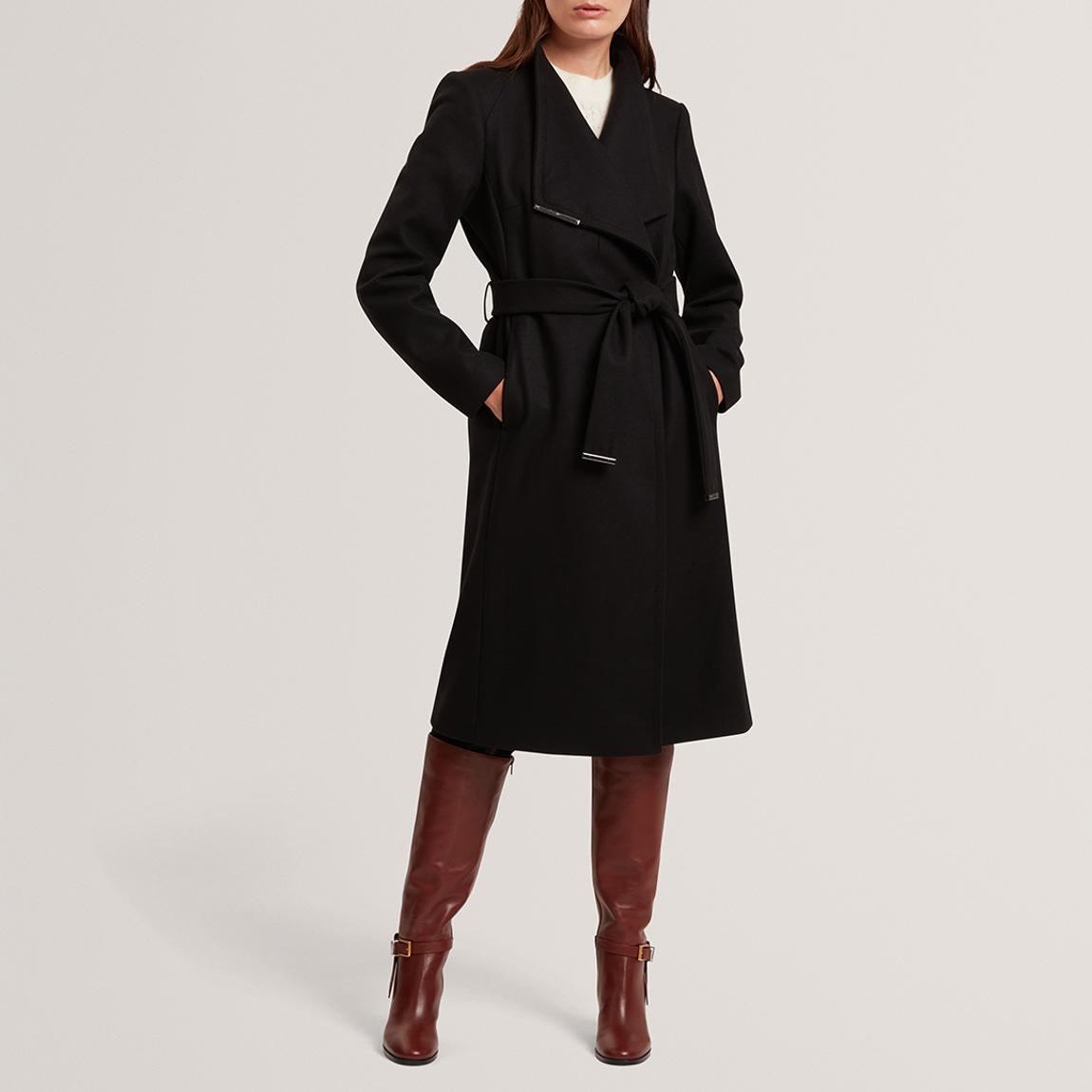 Black Wool Wrap Belted Midi Coat