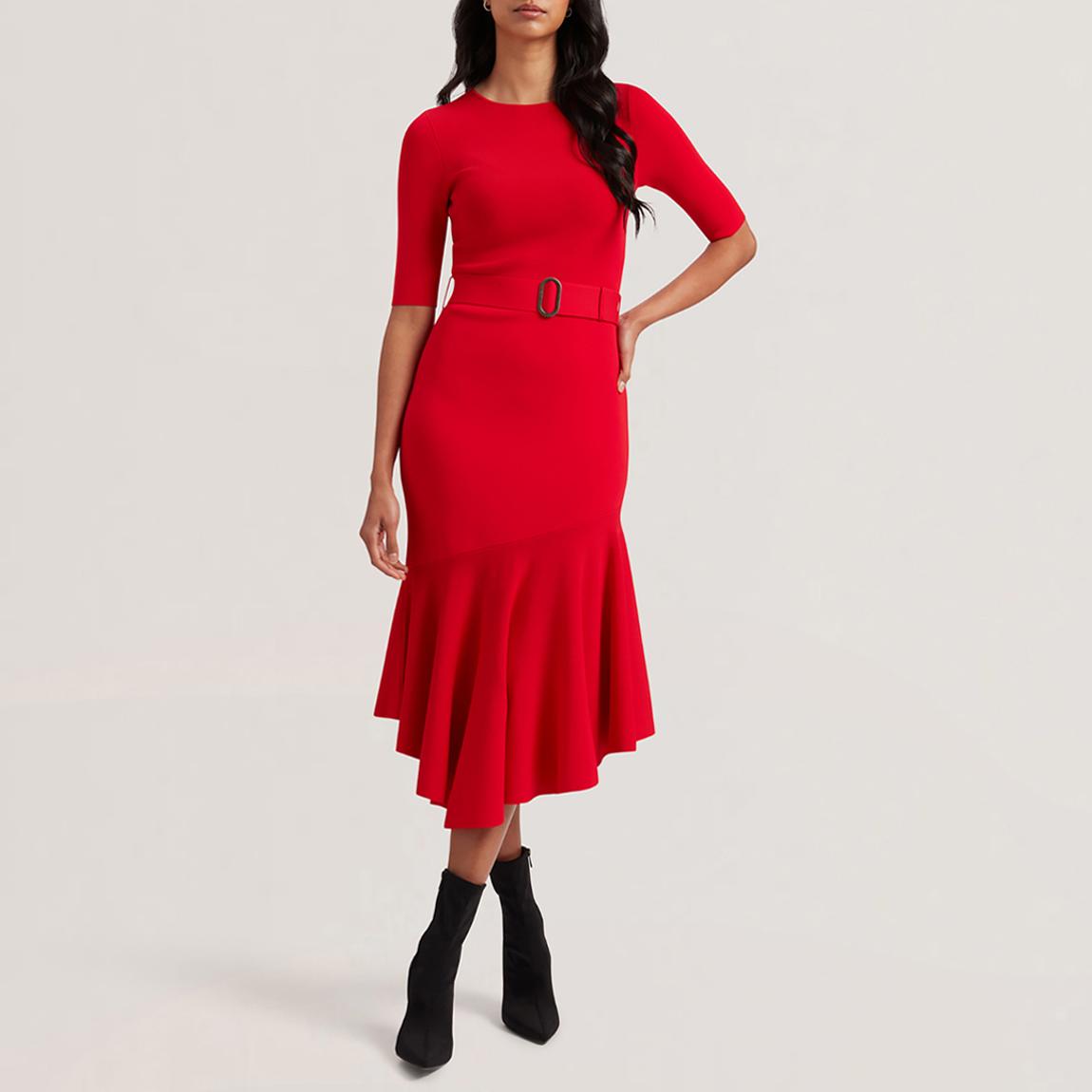 Red Knit Flippy Hem Belted Midi Dress