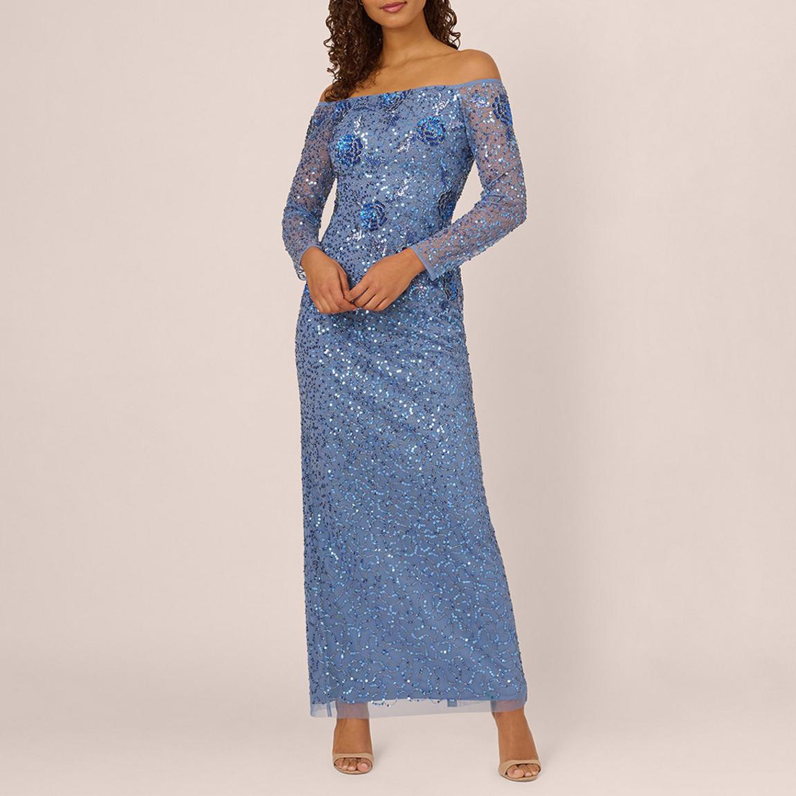 Adrianna Papell Blue Bardot Sequin Mesh Maxi Dress