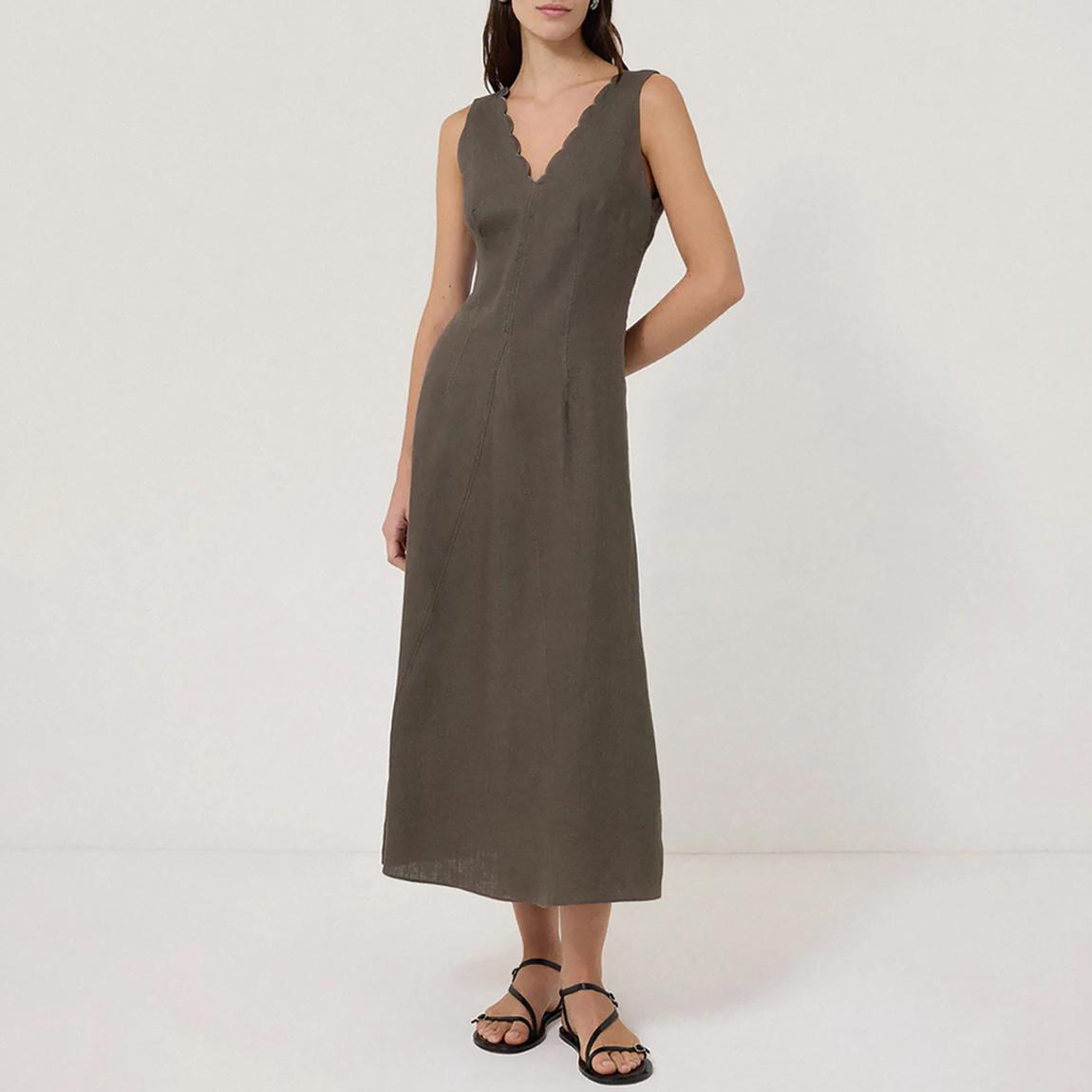 summer linen wedding guest dress Linen Midi Sleeveless Dress in Beige by Solen Mara | Wedding Guest Dress | Flowy Sleeveless Summer Linen Dress main image 0