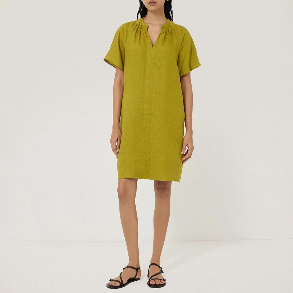 Jigsaw Green Linen Smocked T-shirt Dress - BrandAlley