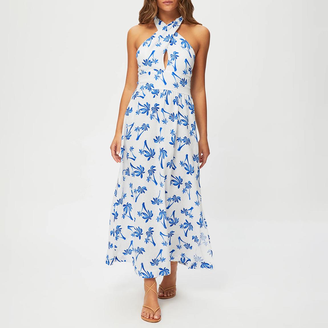 Heidi Klein Blue/White Palm Beach Halterneck Maxi Dress - BrandAlley